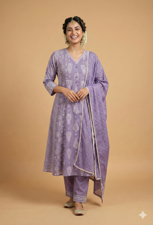 Purple V Neck Cotton Kurta