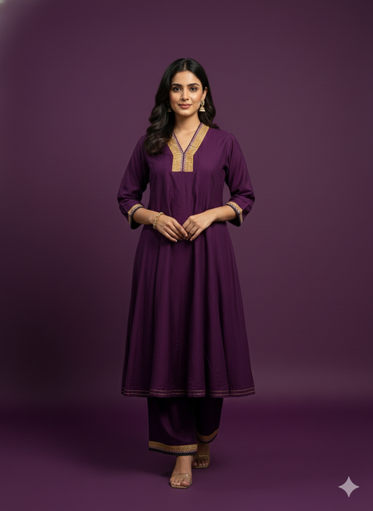 Purple V Neck Silk Kurta Set