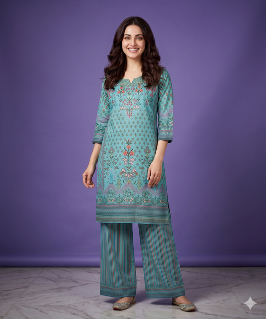 Blue Round neck Cotton Cord Set