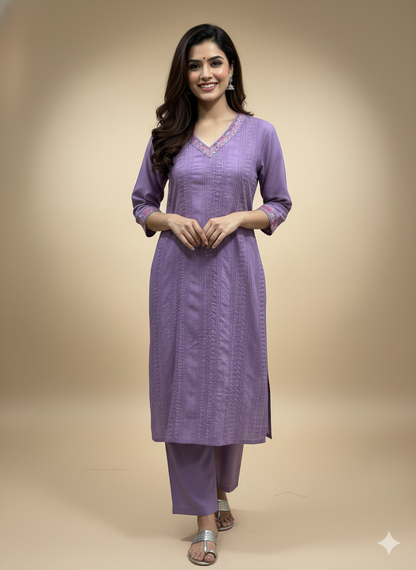 Purple V Neck Cotton Kurta