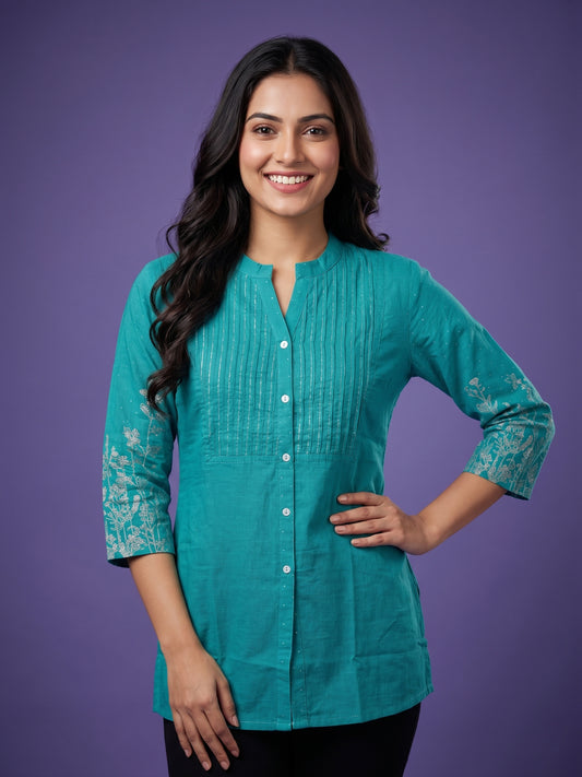 Green Mandarin Neck Cotton Short Kurta