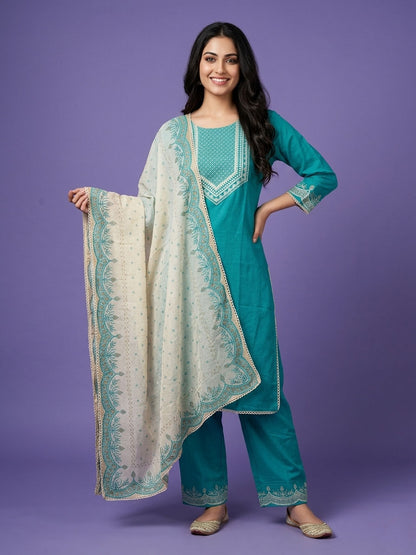 Blue Round Neck Cotton Kurta Set with Dupatta