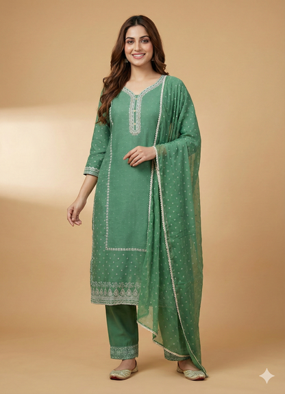 Green Round V Neck Cotton Kurta