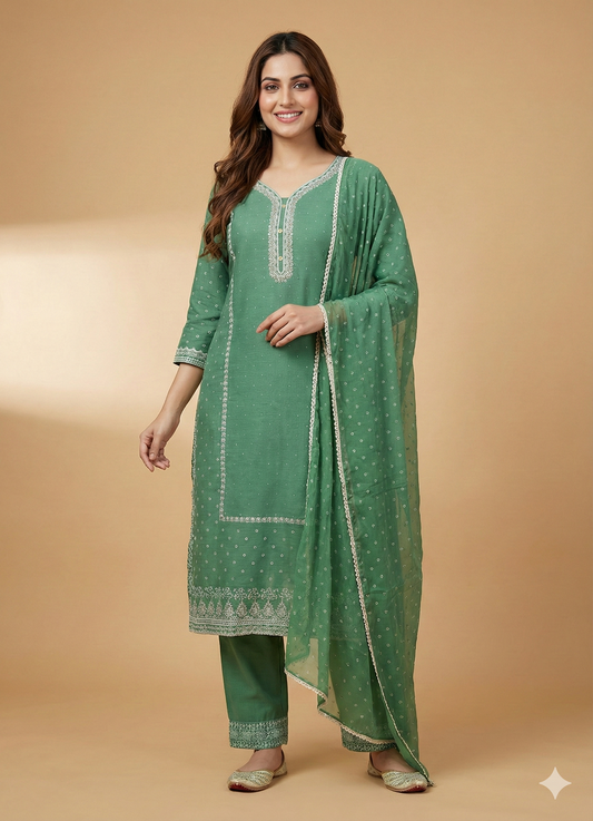 Green Round V Neck Cotton Kurta