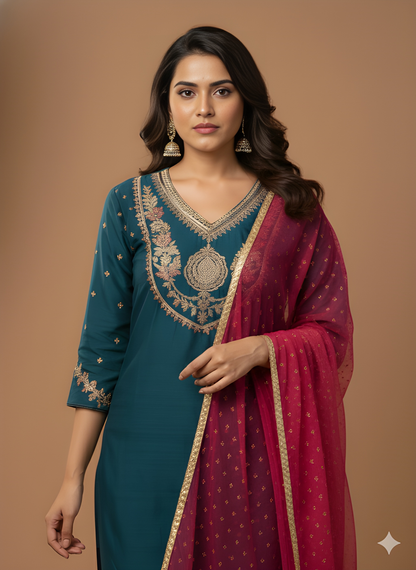 Blue V Neck Silk Kurta Set with Dupatta