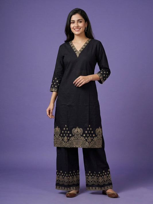 Black V Neck Cotton Cord Set