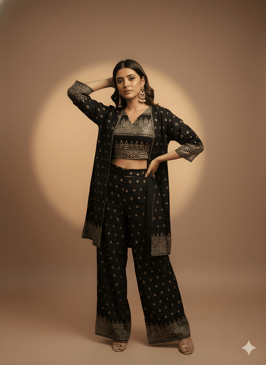 Black V Neck Silk 3PCS Set