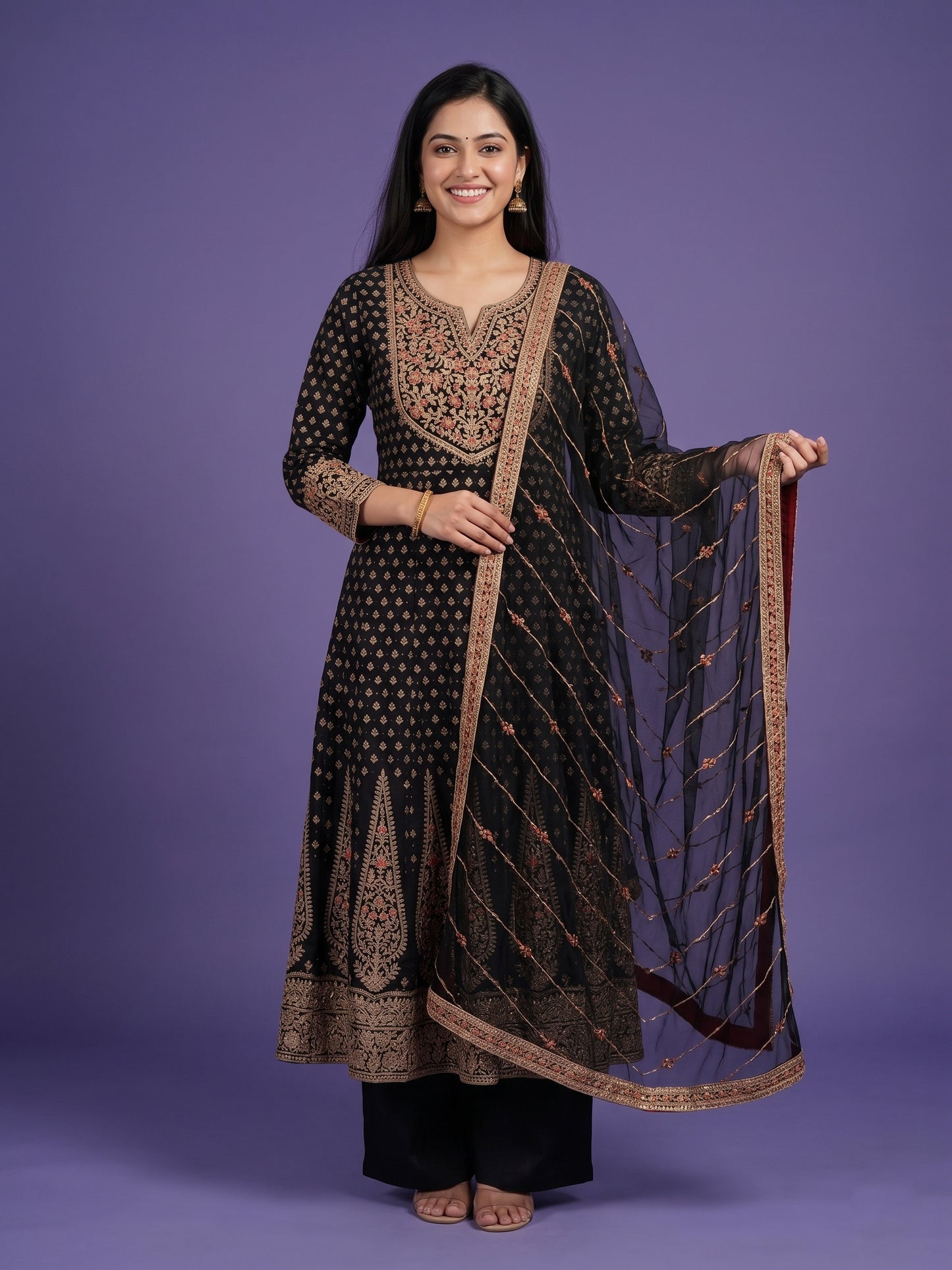 Black Round V-Neck Silk Kurta Set with Dupatta