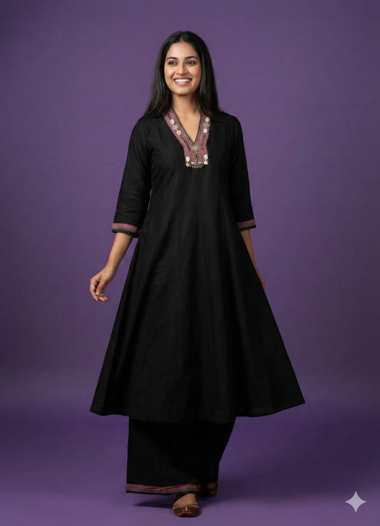 Black V Neck Silk Kurta Set