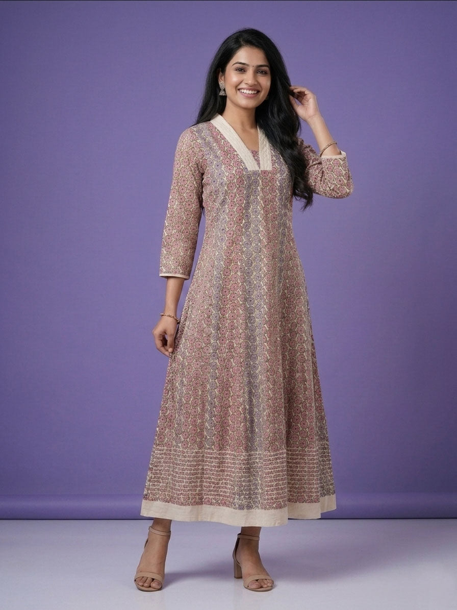 Pink V Neck Cotton Linen Gown