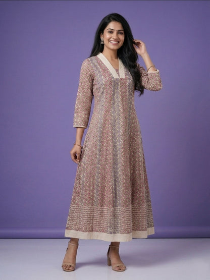 Pink V Neck Cotton Linen Gown