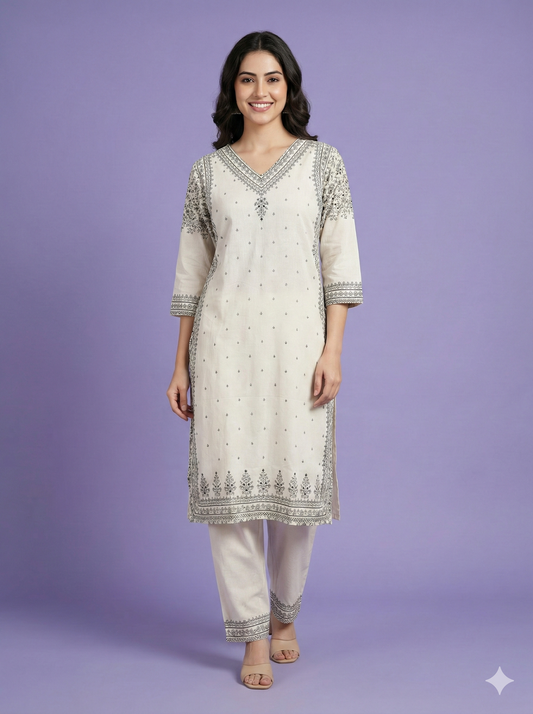 Ivory V neck Cotton Cord Set