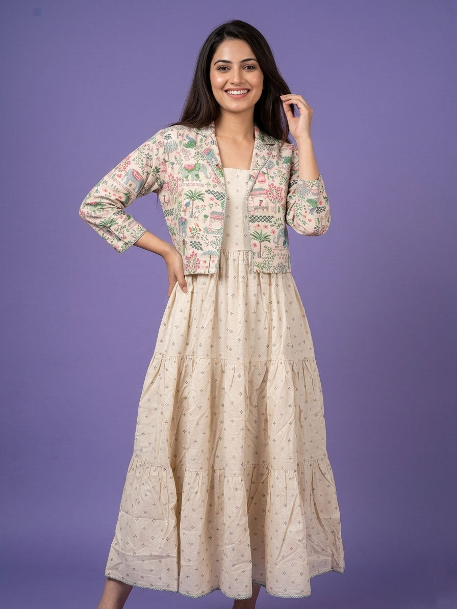 White Round Neck Cotton Linen Gown With Crop Jacket
