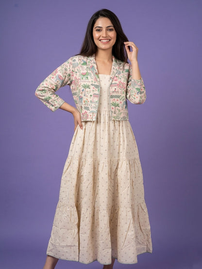 White Round Neck Cotton Linen Gown With Crop Jacket