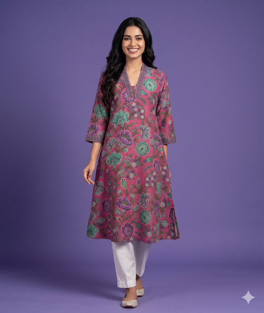 Pink Deep-V Cotton Kurta