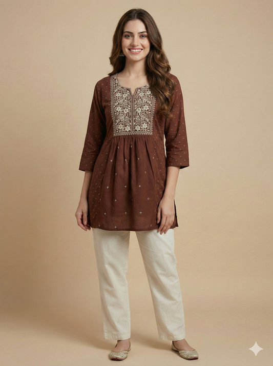 Brown Round V Neck Cotton Short Kurta