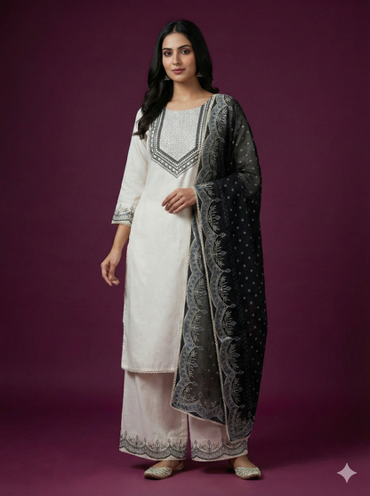 Ivory Round Neck Cotton Kurta Set with Dupatta