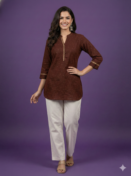 Brown Collard Cotton Short Kurta