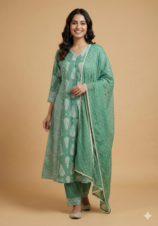 Green V Neck Cotton Kurta