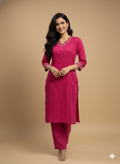 Pink V Neck Cotton Kurta