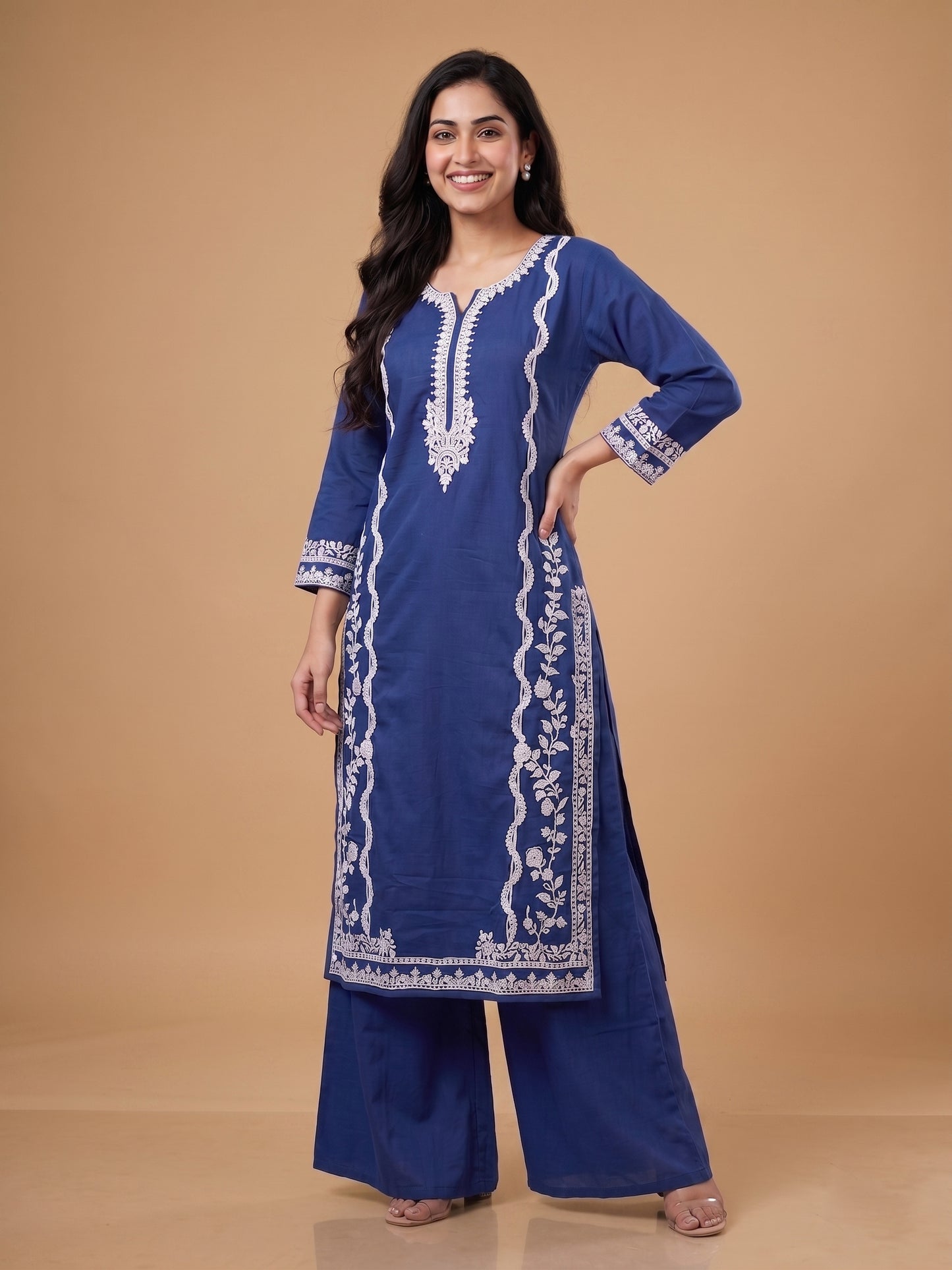 Blue V Neck Cotton Kurta Set