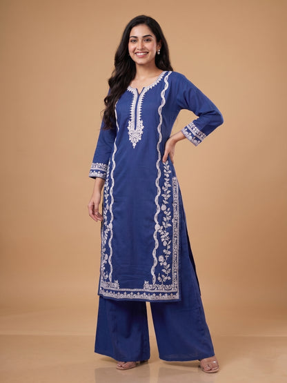 Blue V Neck Cotton Kurta Set