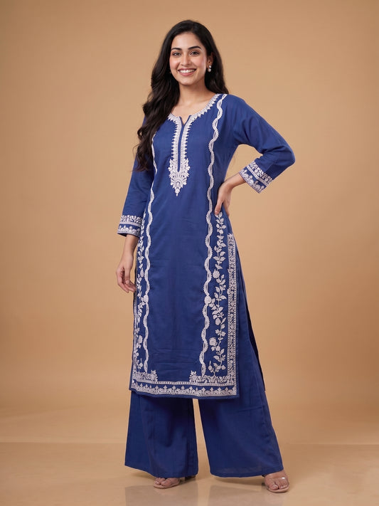 Blue V Neck Cotton Kurta Set