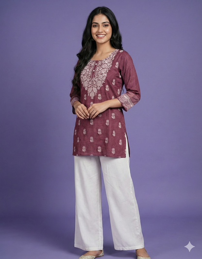 Purple Round Neck Cotton Short Kurta
