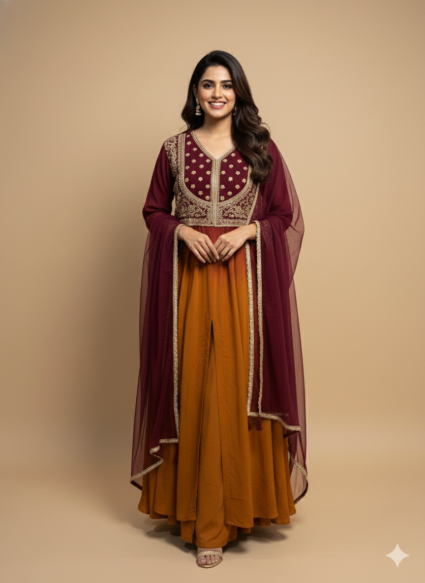 Burgundy V Neck Cotton Kurta Set with Dupatta