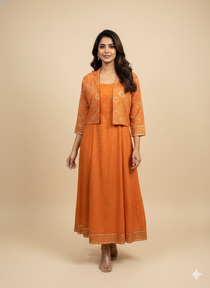 Orange Notched Neck Rayon Spagati Kurta  With Crop Jacket