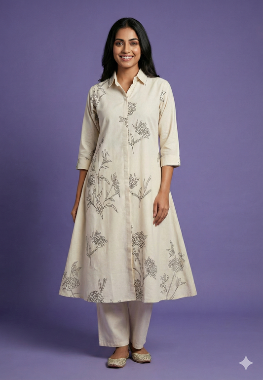 Ivory Collard Cotton Kurta
