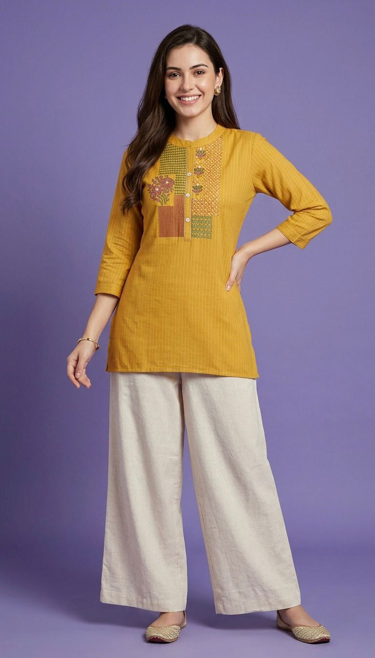 Yellow Mandarin Neck Cotton Short Kurta