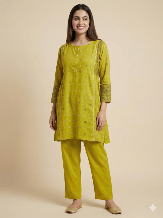 Green Round Neck Cotton Short Kurta