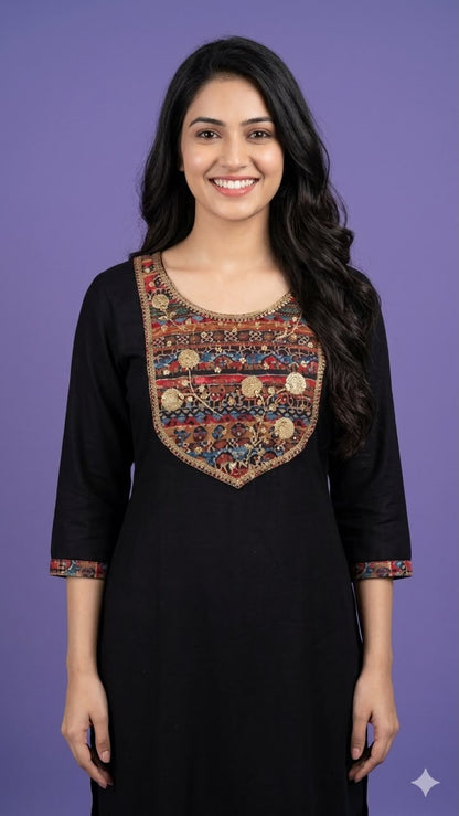 Black Round Neck Silk Kurta Set with Dupatta