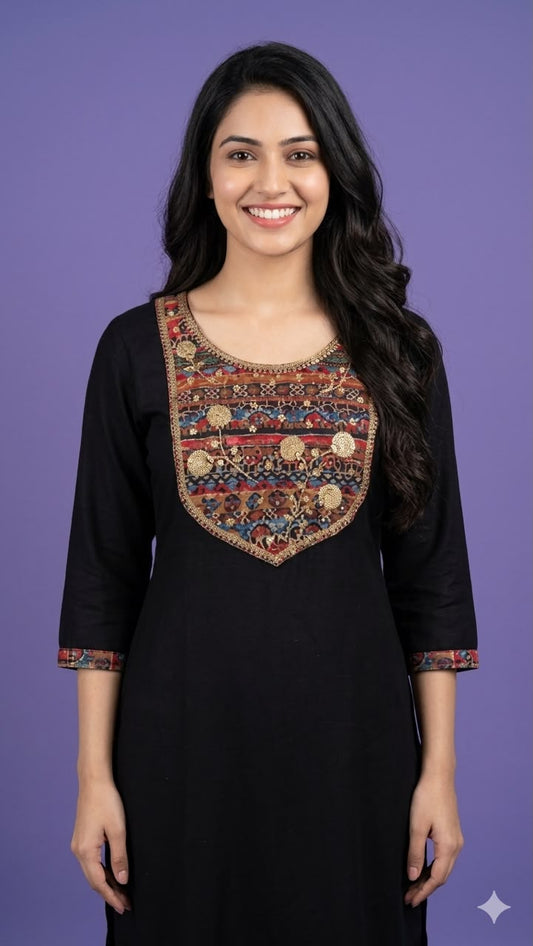 Black Round Neck Silk Kurta Set with Dupatta