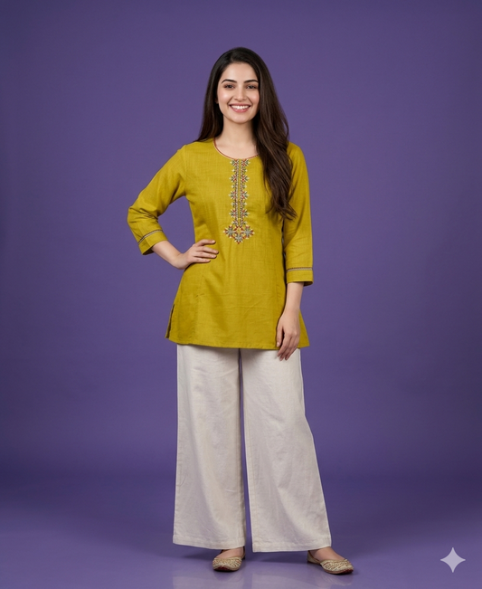 Green Round Neck Cotton Short Kurta