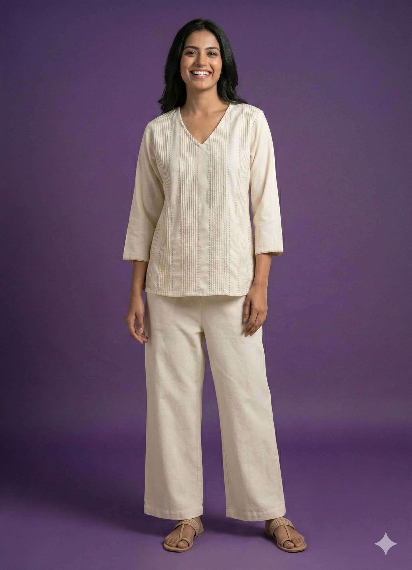 Ivory V Neck Cotton Short Kurta