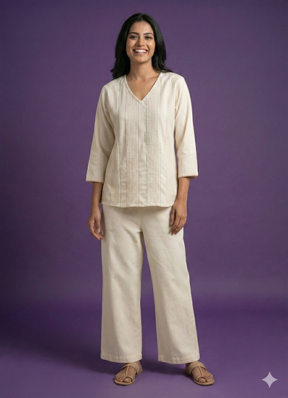 Ivory V Neck Cotton Short Kurta