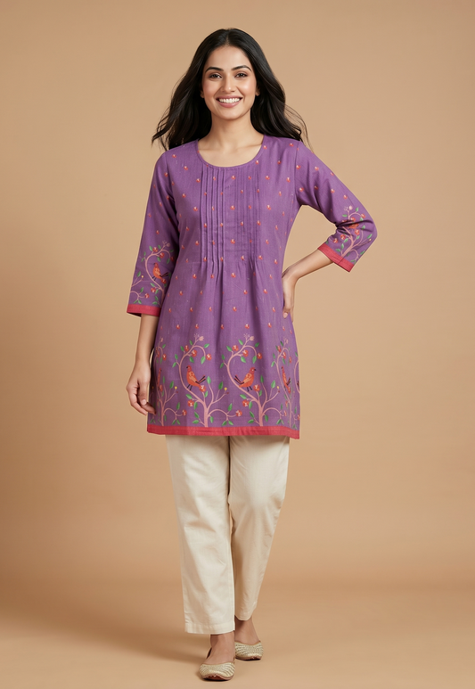 Purple Round Neck Cotton Short Kurta