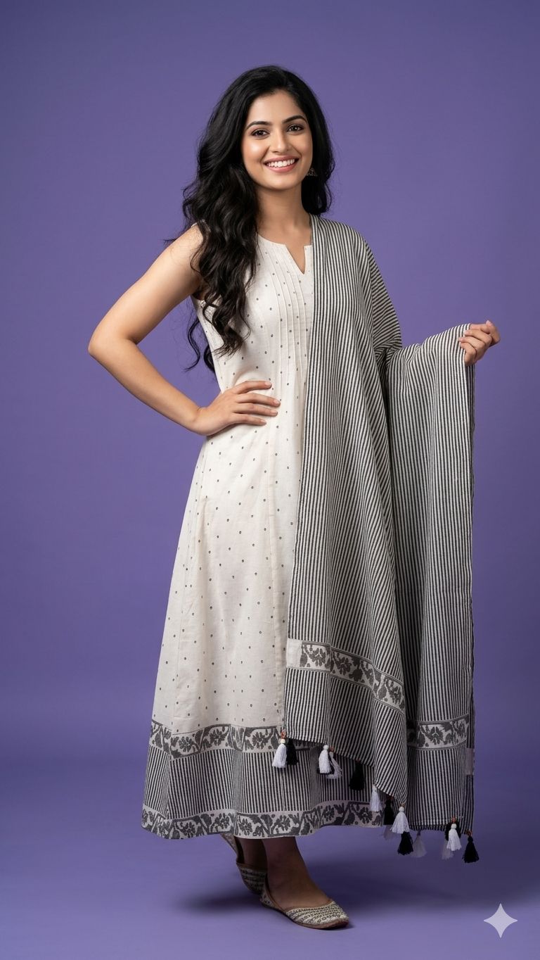 White V Neck Cotton Gown With Striped Dupatta