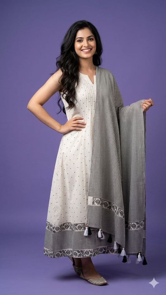 White V Neck Cotton Gown With Striped Dupatta