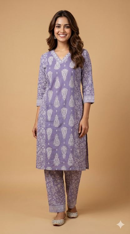 Purple V Neck Cotton Cord Set