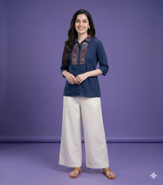 Blue Collard Cotton Short Kurta