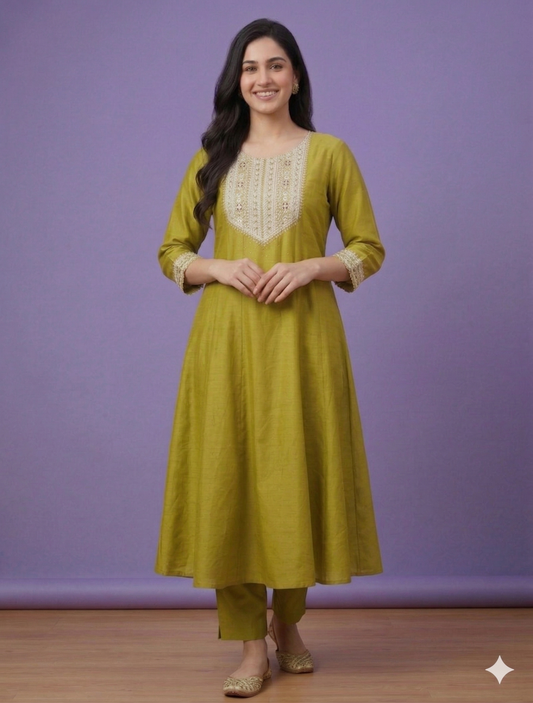 Green Round Neck Silk Gown