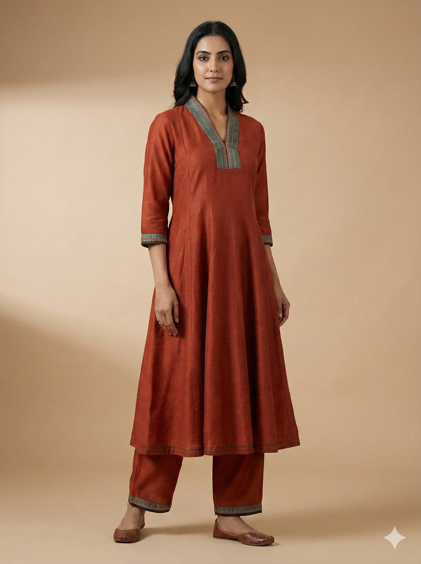 Brown V Neck Silk Kurta Set