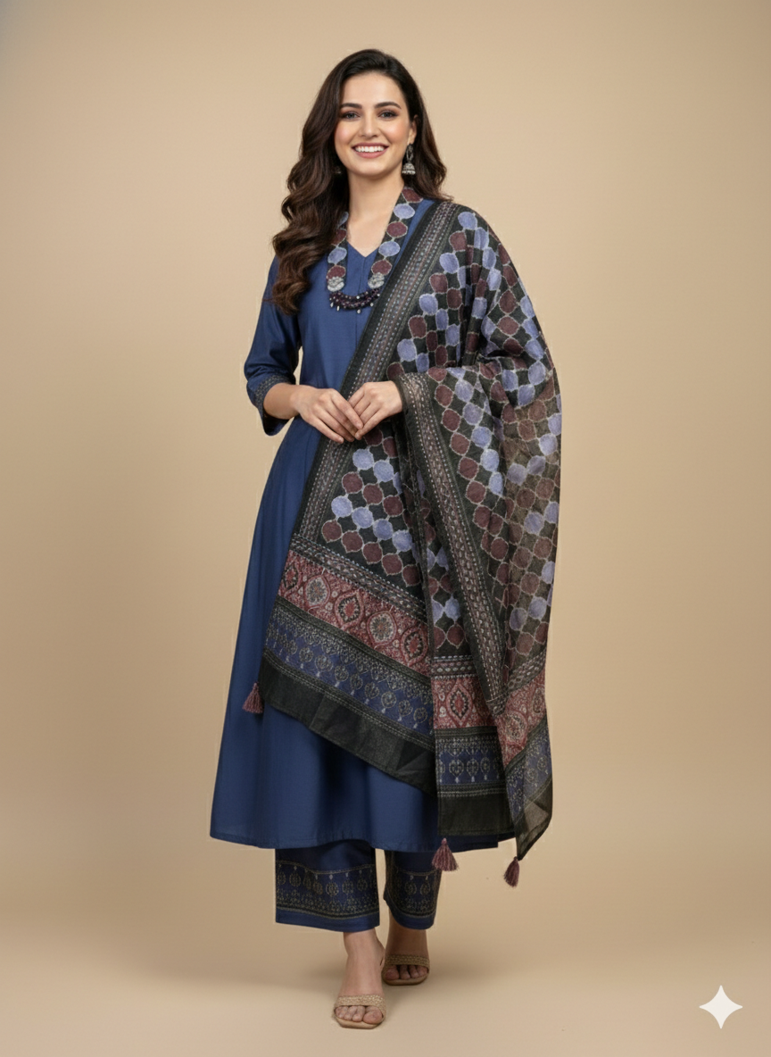 Purple V Neck Silk Kurta Set with Dupatta
