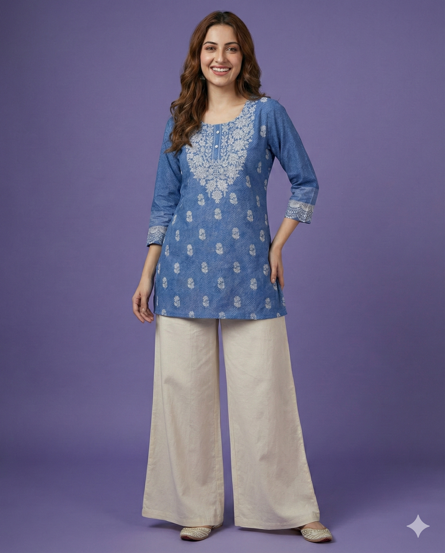 Blue Round Neck Cotton Short Kurta