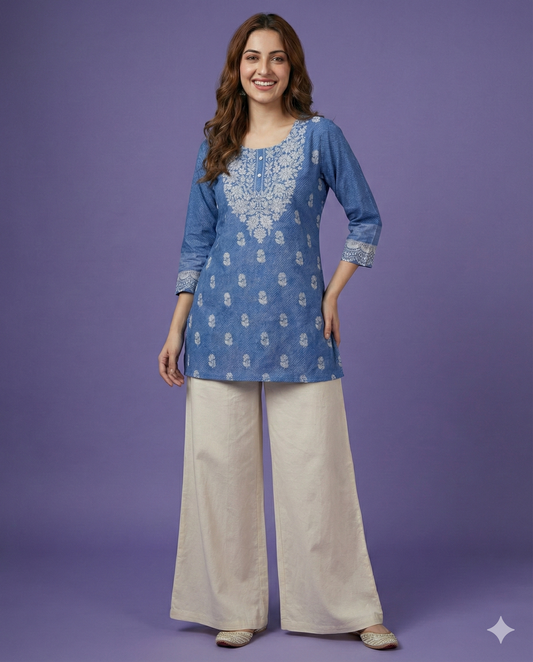 Blue Round Neck Cotton Short Kurta