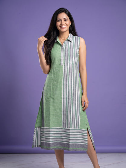 Green Collared Neck Cotton Striped Sleeveless Kurta