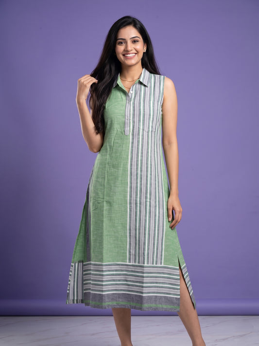 Green Collared Neck Cotton Striped Sleeveless Kurta